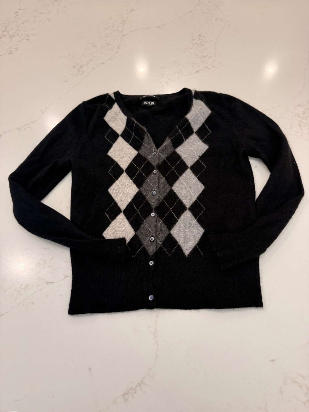 APT. 9 100% Cashmere Argyle Cardigan Sweater Black Gray Women's Large